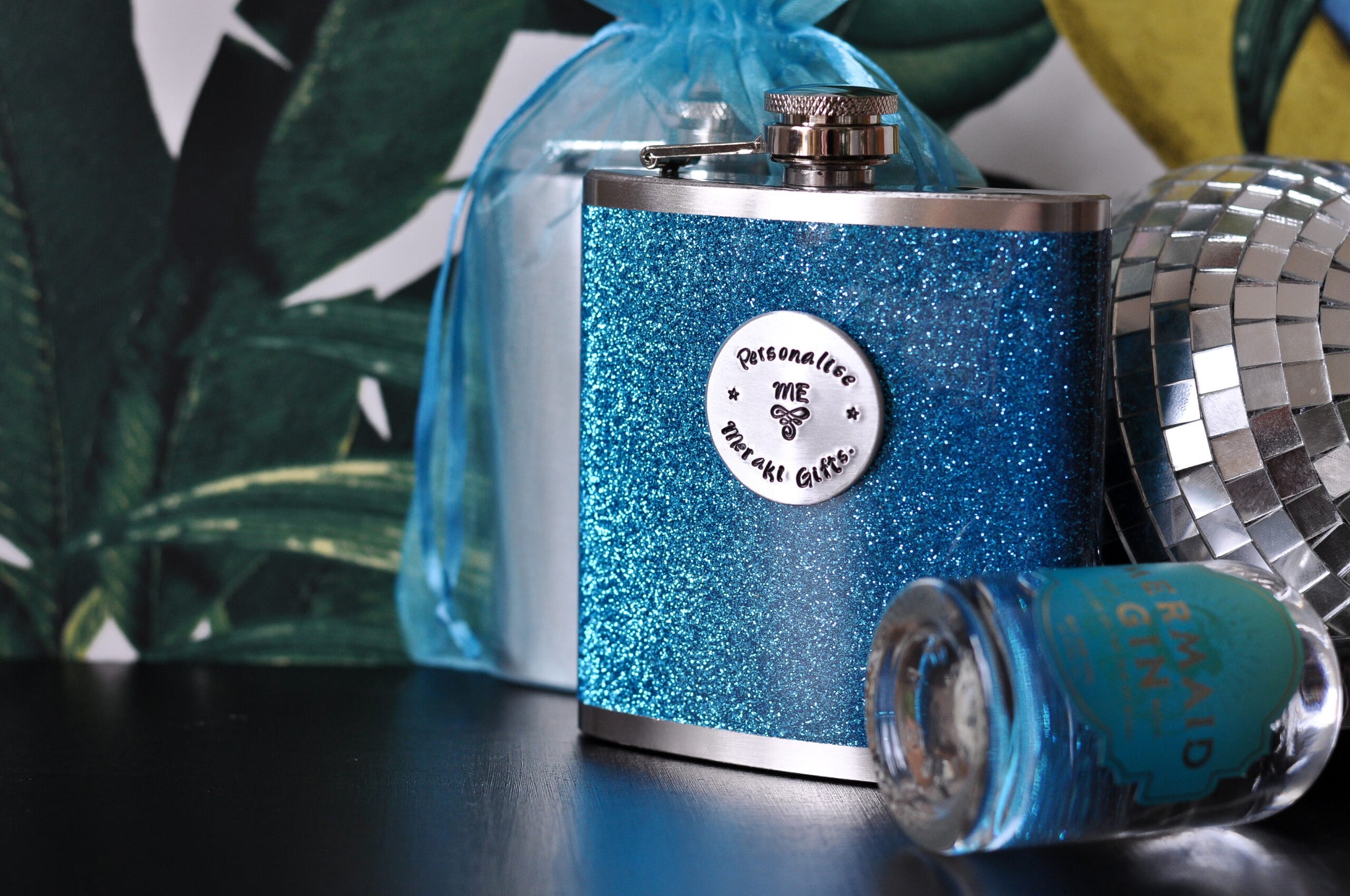 PERSONALISED GLITTER Turquoise/Blue Hip Flask