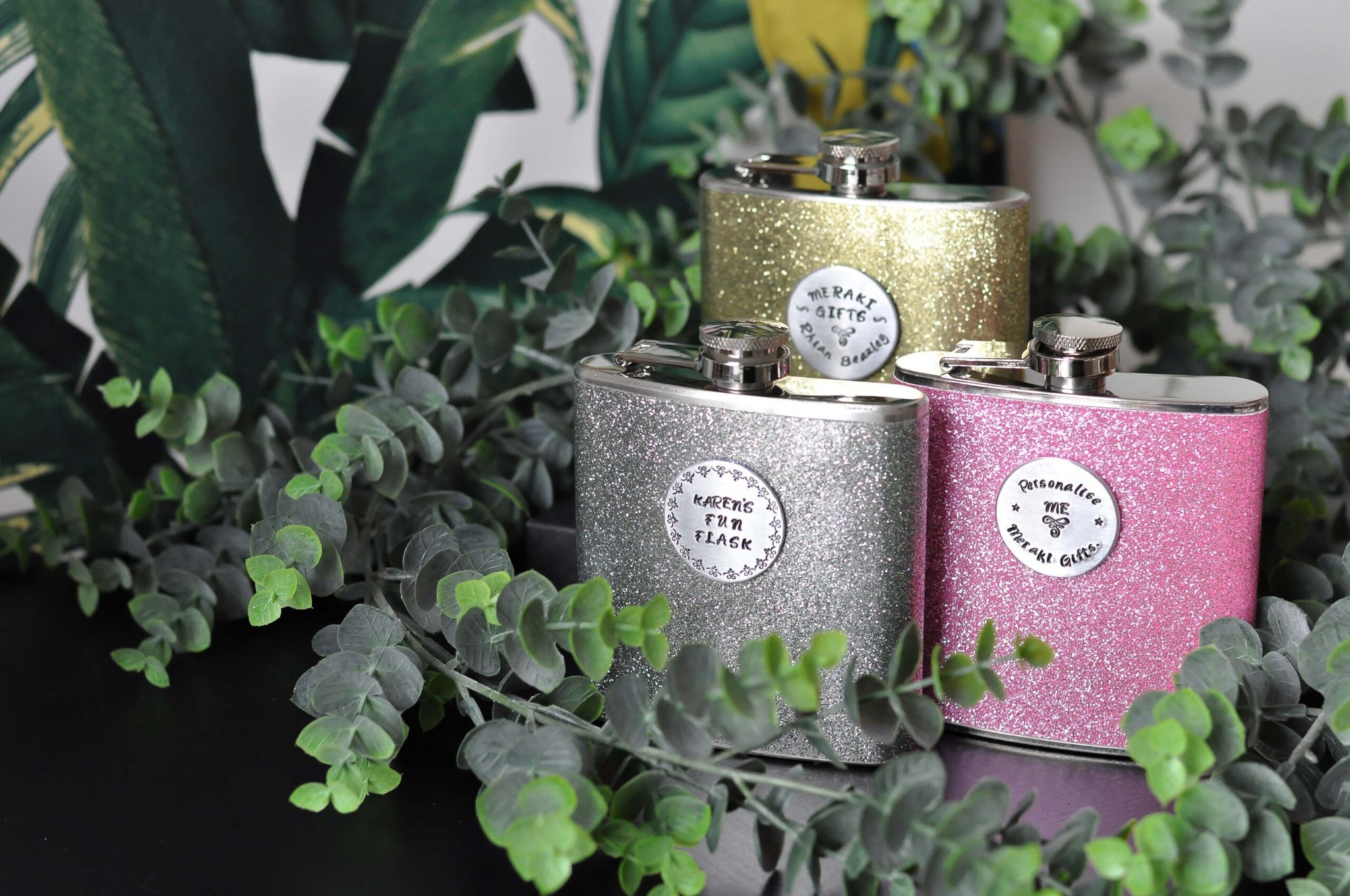 Personalised GLITTER HIP FLASK – pink